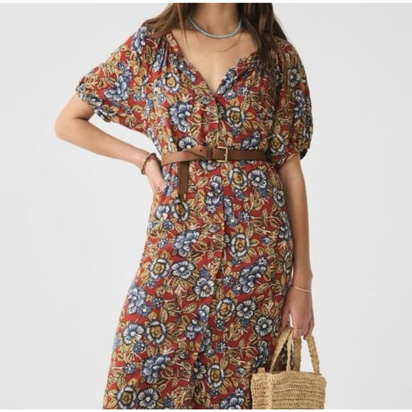 Faherty Boho Linen Dress Size XS Puff Sleeve Midi Belted Red Cottage Peasant - Picture 1 of 16